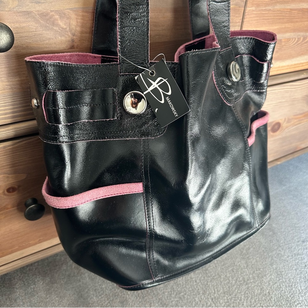 NWT - B. Makowsky Women's Black Genuine Leather Suede Shoulder Tote Bag - Picture 4 of 9